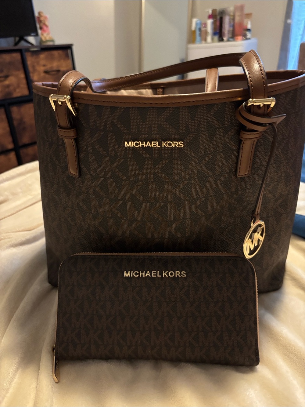 Michael Kors Dark Brown Signature Tote with Matching Wallet